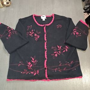 Christopher & Banks Black Cardigan with Hot Pink Floral Trim